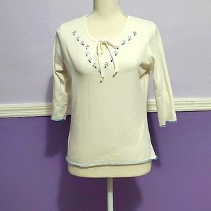 Too Hot Retro 90s White Blue Embroidered 3/4 Sleveves Knit Top M